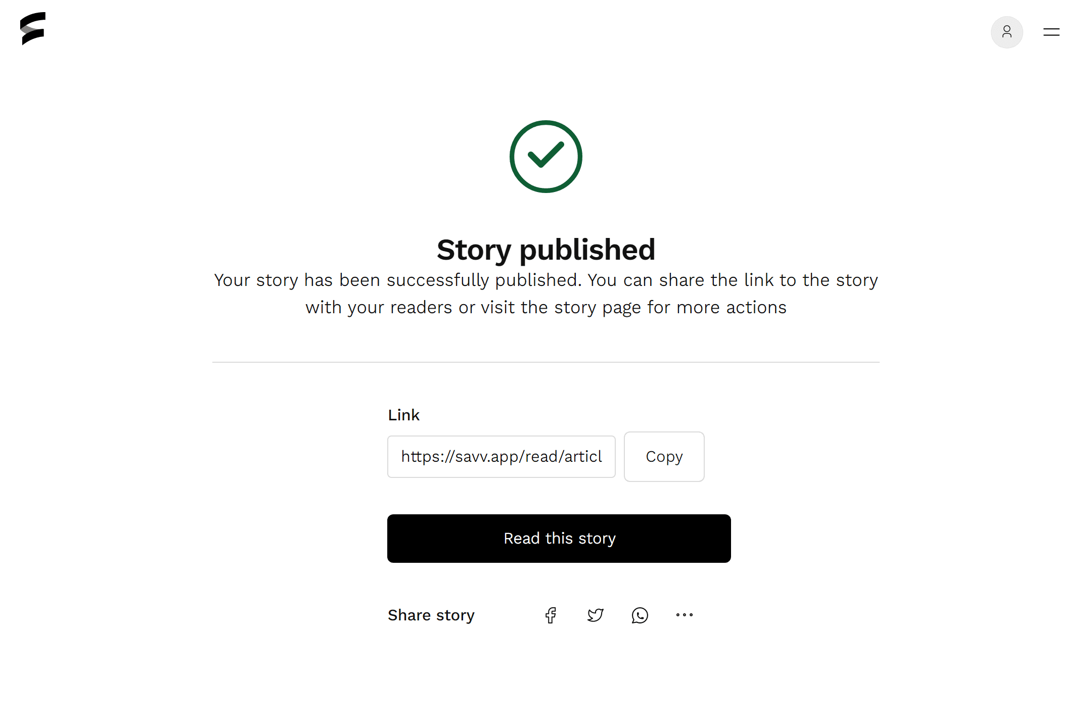 A screenshot the screen when you successfully publish an article