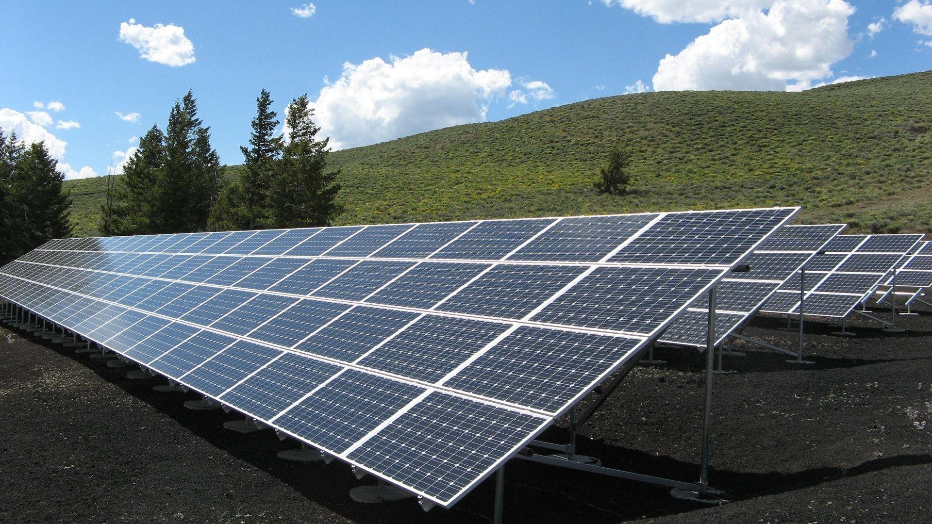 An array of solar panels on an open field