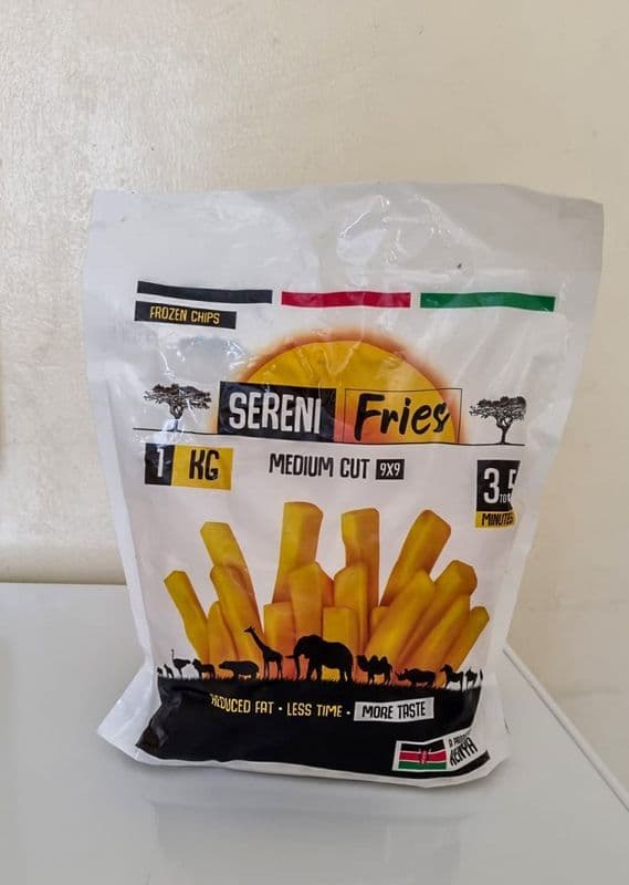 An image of a plastic packaging of fries, with "Sereni Fried" wriiter on it